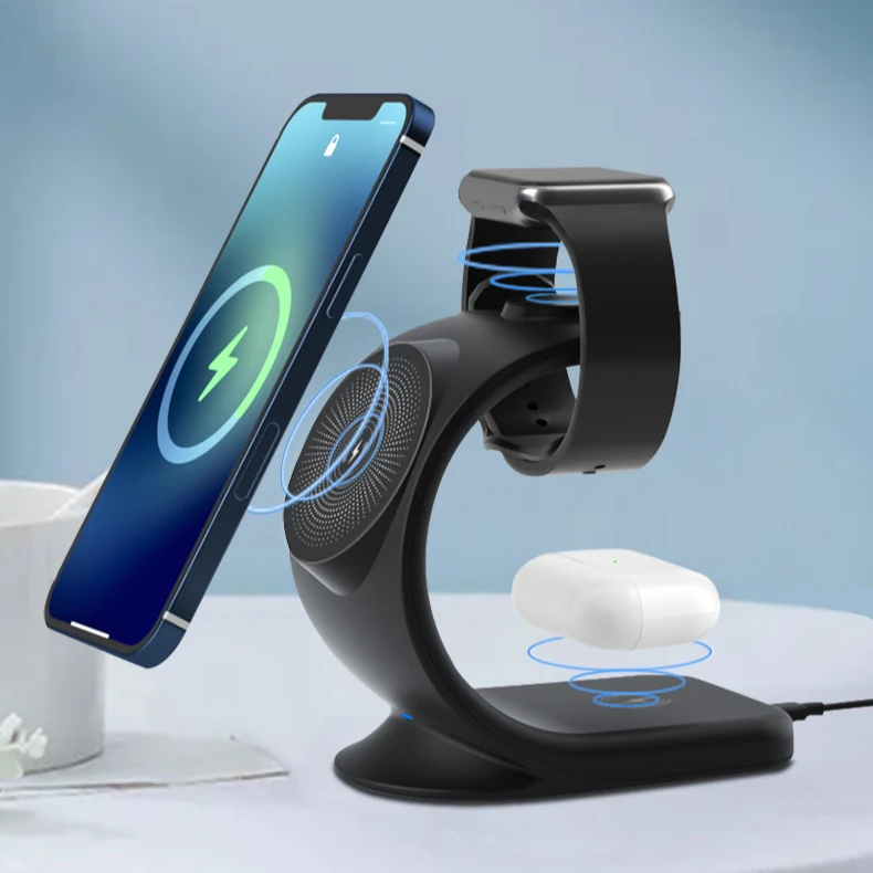 portable 15W magnetic fast wireless phone charger 3 in 1 wireless charger stand for iwatch for airpods