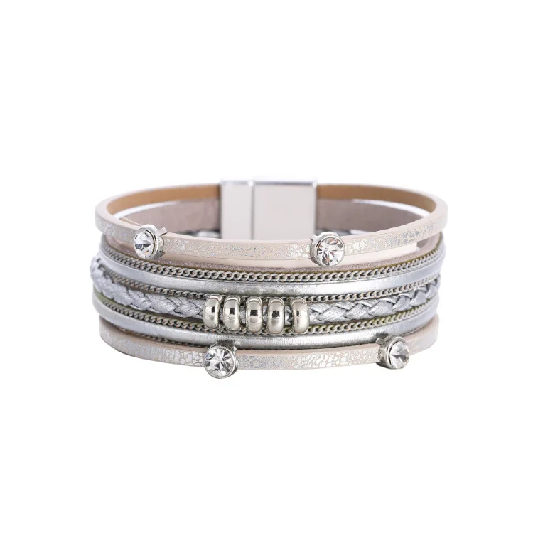 European American Women Accessories Crystal Leather Bracelet Newest Design Multi Layer Braided Rope