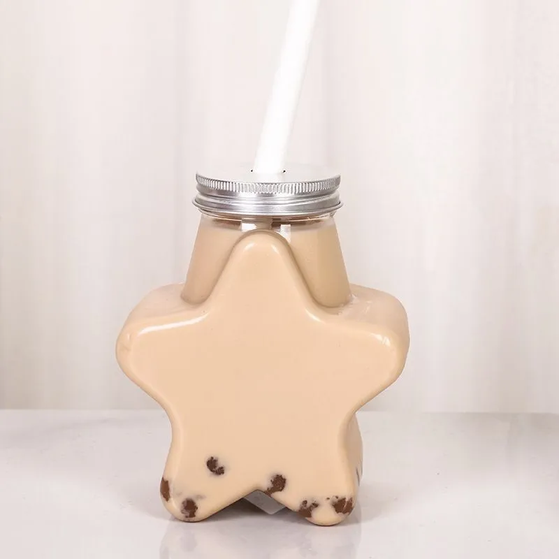 Wholesale Creative Large Mouth Bottle Takeaway Disposable Star shape PET Beverage plastic Milk Tea bottle