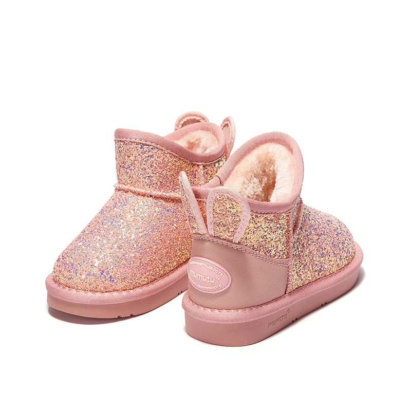 
Winter Keep Warmer Kids Shoes Rubber Bottom Plush Inner Sequin Rabbit Ear Back Snow Boot Non-Slip Girl Boot 