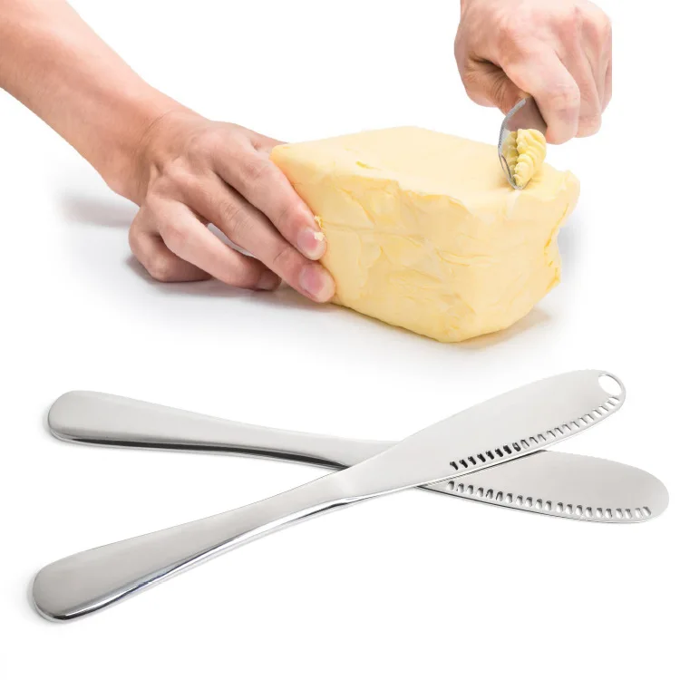 Stainless steel spreader 3-in-1 kitchen accessory with perforated butter knife spreader, used for slicing and spreading butter,