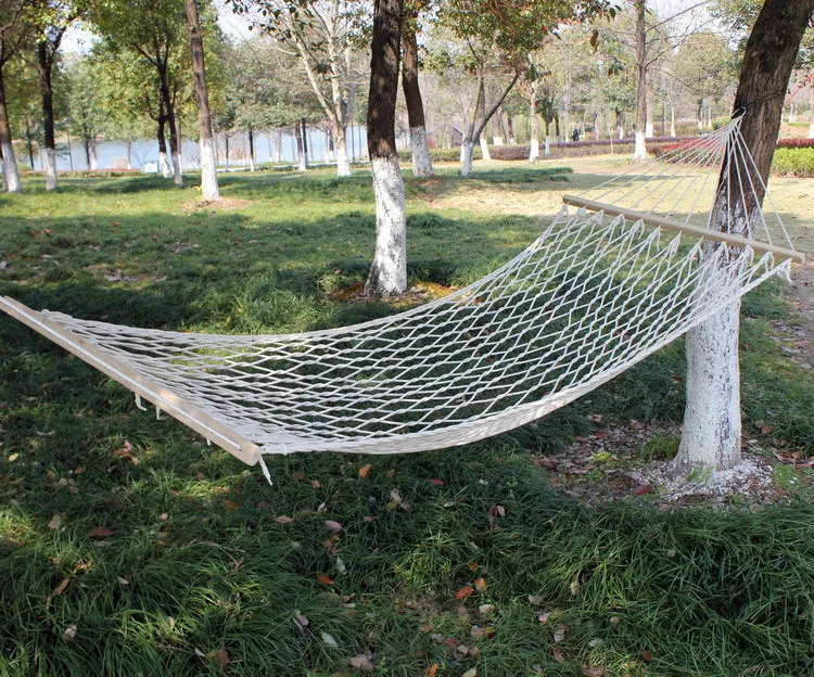 Outdoor Mesh Hammock Single Person Cotton Thread Solid Wood Indoor Swing Wooden Stick Rope Double Net Pocket