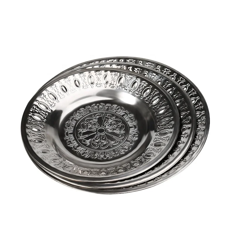 Прямая продажа с фабрики 20/22/24 см декоративный драгоценный камень круглый поднос для еды Сервировочные Тарелки из нержавеющей стали
