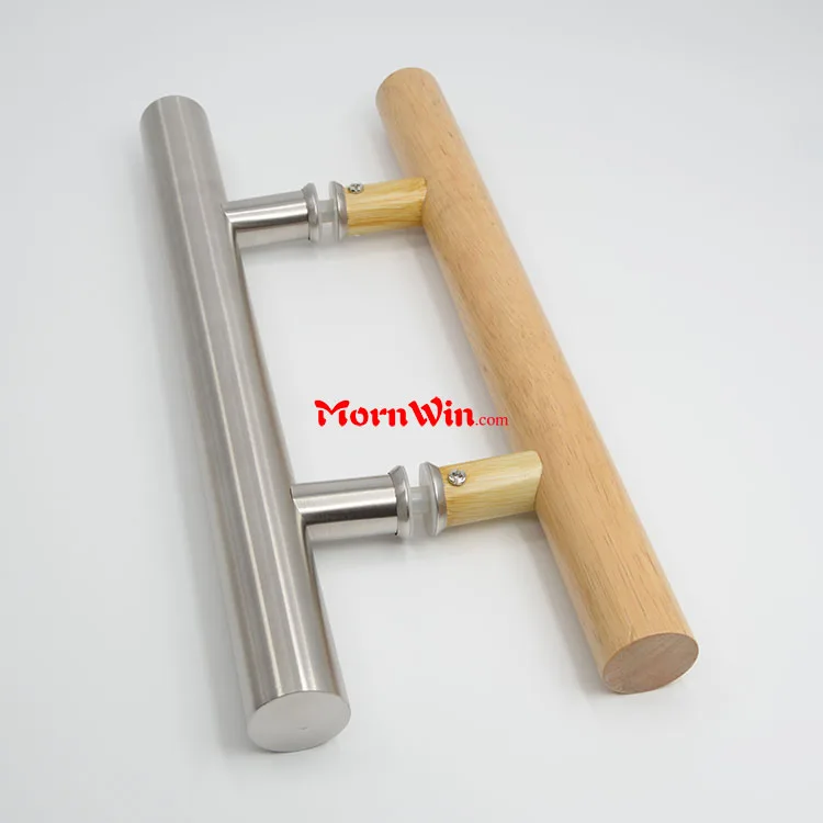 Beech Wooden Stainless Steel Pipe H Shape Glass Pull Door Handle Sliding Door Hardware Fittings