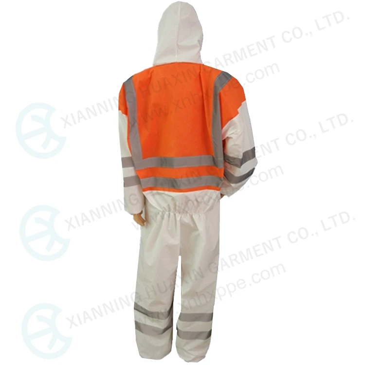 High Quality Reflective Coverall Type 5/6 SF Disposable Microporous coverall in white and orange color reflective tape coverall