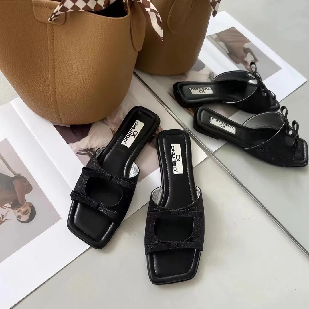 French bow flat slippers for women 2024 new summer vacation beach sandals sexy casual open toe shoes