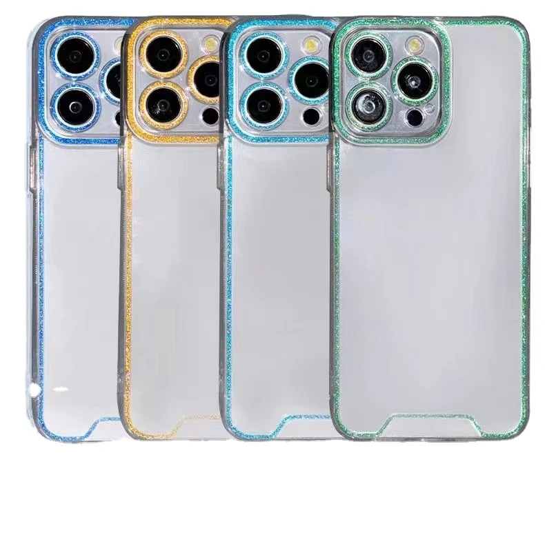 Popular simple full package colorful glitter border frame lens protective film transparent TPU soft phone shell for Iphone 12Pro