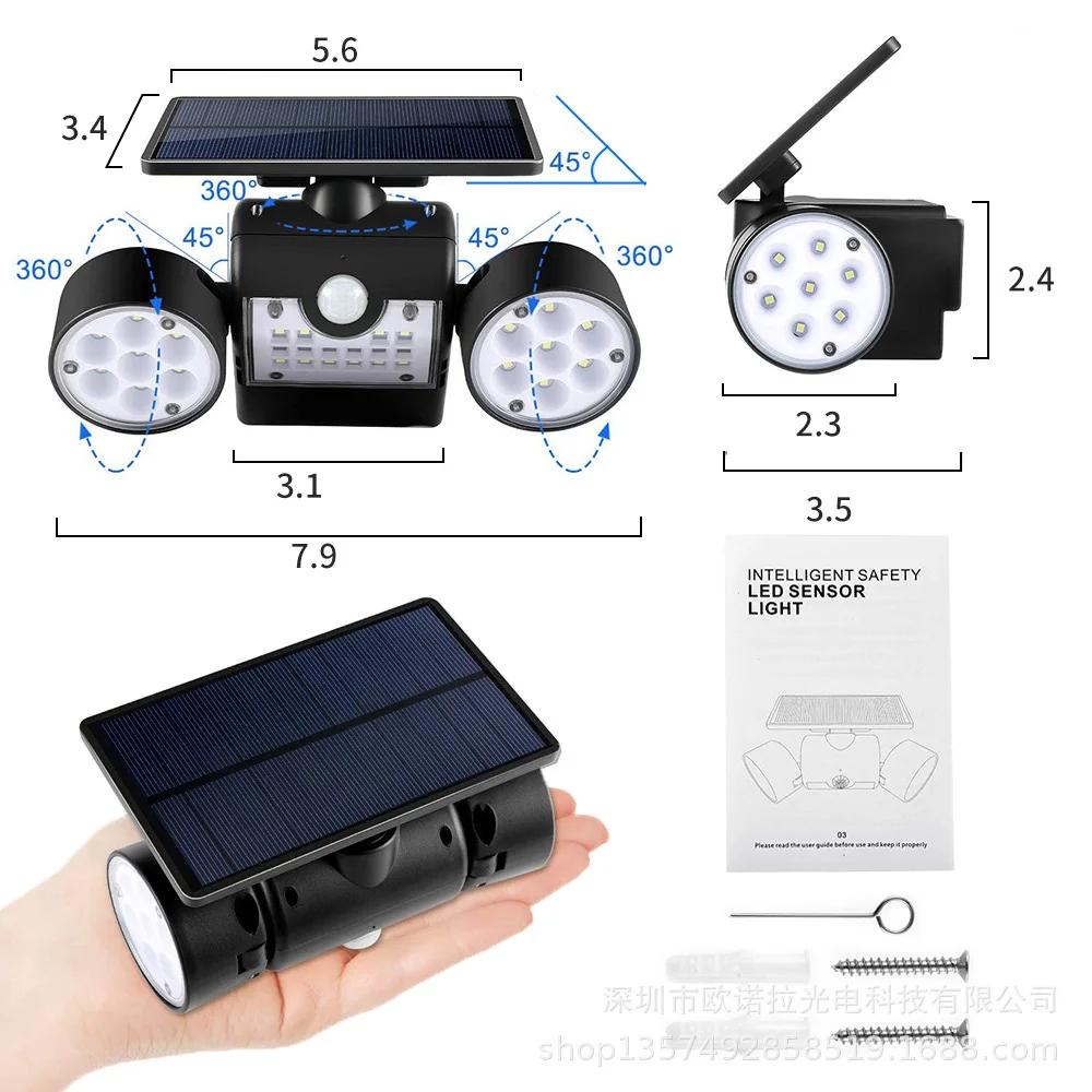 Waterproof Motion Sensor Solar Lamp Double Head Outdoor LED Solar Garden Light