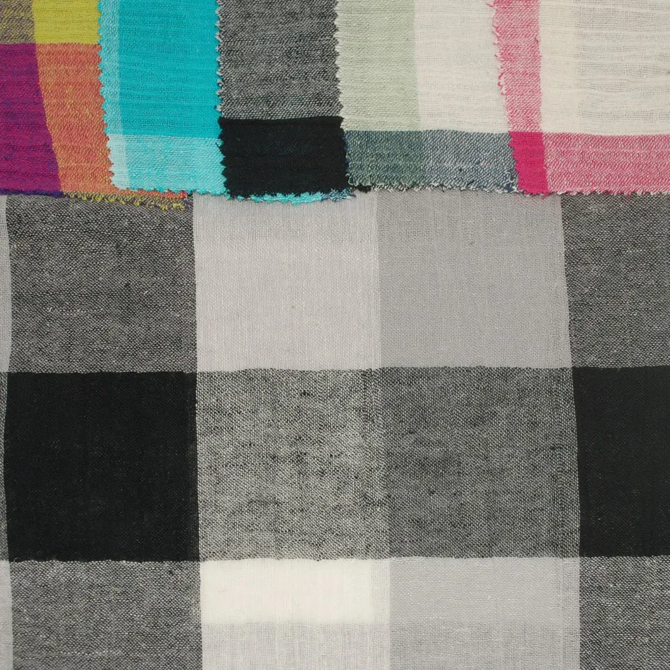 High quality instock roll woven soft organic gauze cotton linen blended yarn dyed plaid check muslin shirt dress fabric