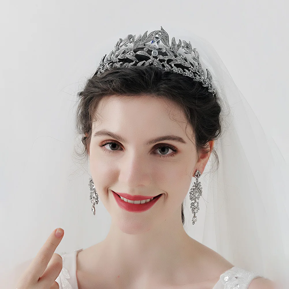 huanhuan luxury bridal hair accessories high-grade zircon rhinobar crown retro alloy leaf headband wedding dress headgear