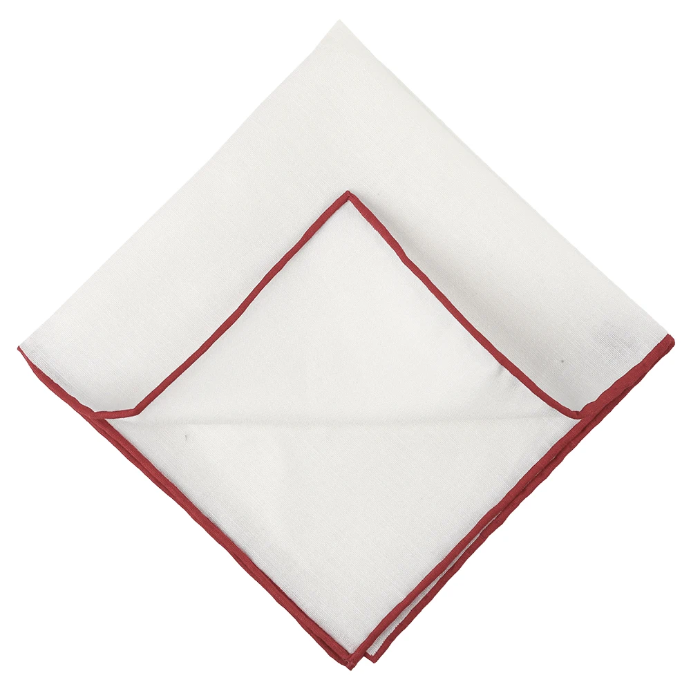 Factory Wholesale 100% Linen  Handkerchief  Solid Bright White  Screen Print  Red  Border  Hand Rolled Pocket Square for Men