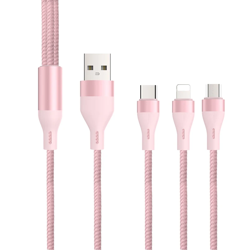 Pink SA 80 3 in 1 USB to micro + iPhone+ type C 2.4 A only Charging Cables with Cotton Braided Metal heads