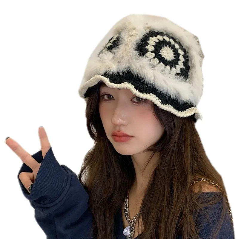 new fashion chic women lady girls Knitted flowers rabbit fur crochet cloche Beanie Hat Warm beanie Soft Stretch skull hat