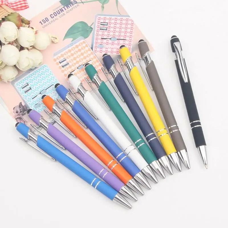 advertising ballpoint pen custom logo press rubber metal ball pens with stylus promotional gift pen