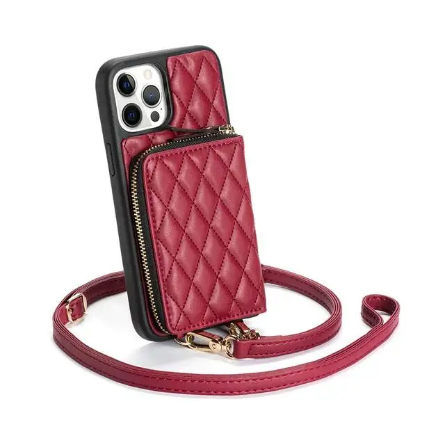 Custom Puer Color Phone Case For Iphone 15 14 13 12 Pro Max With Card Slots Leather Wallet Crossbody Phone Case With Strap