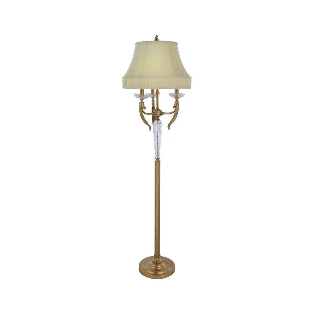 Американская латунная большая напольная лампа с 3 лампами и бежевым абажуром