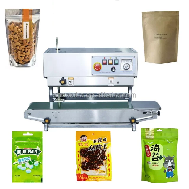 Continuous Automatic Vertical Band Sealer Food Packaging Pouch Bag Heat Sealing Machine With Head Adjustable For Packing Line