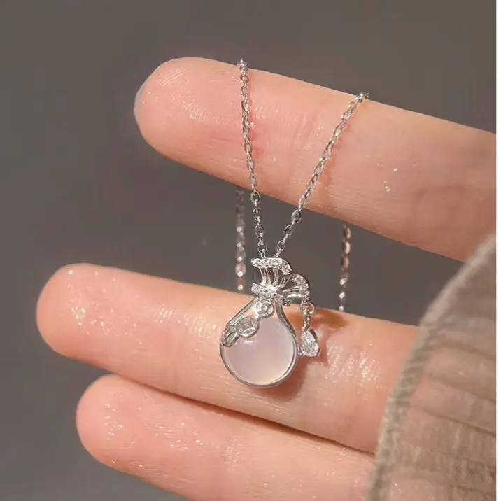 2024 New 925 Silver Material High end Design Round Zircon Lucky Bag Pendant Silver Necklace