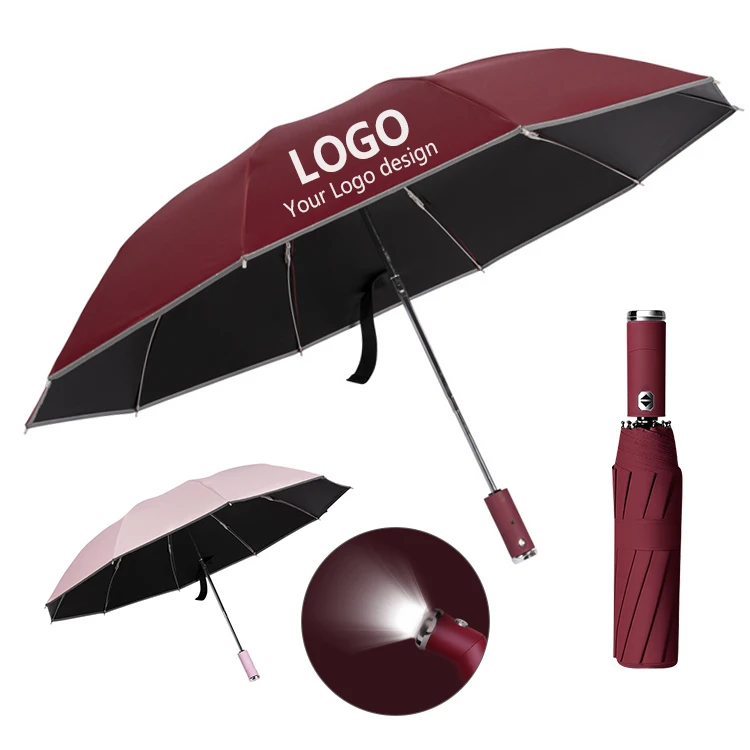 Custom business automatic umbrella car reverse sunscreen sunshade umbrella Fully dual use with LED flashlight umbrellas
