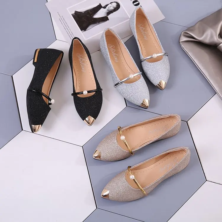 Cheap Wholesale Women Shiny Glitter Pointed Toe Flat Shoes Fashion Slip On Ballet Flats Comfortable Casual Dress Shoes