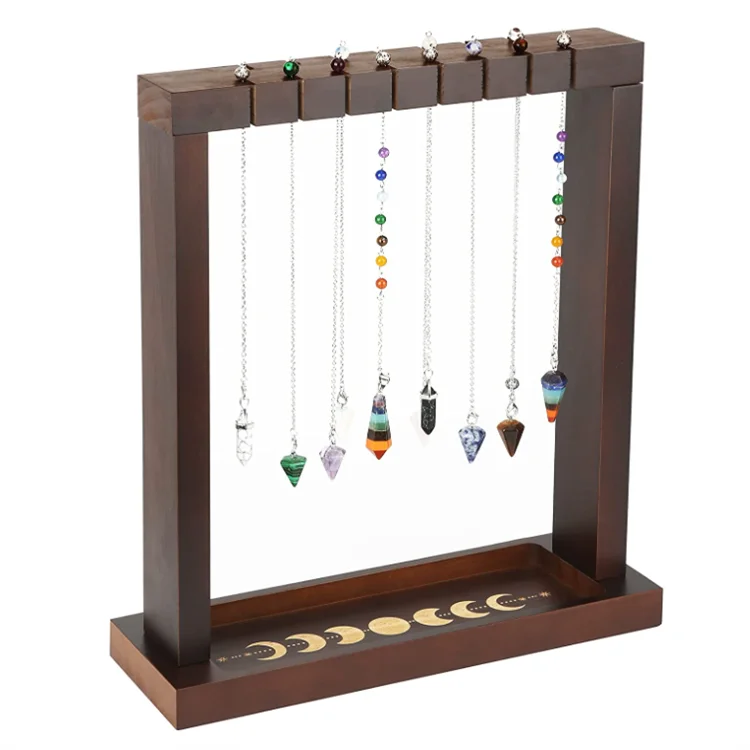 Home desktop decoration with unique design Moon Phase Pendulum Display Stand with Tray Wood Wiccan Crystal Holder for home