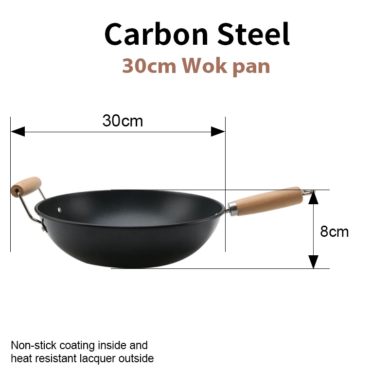 Wok Pan Carbon Steel Non Stick Wooden Handle New 30 Cm Black Carbon Steel Wok Pan