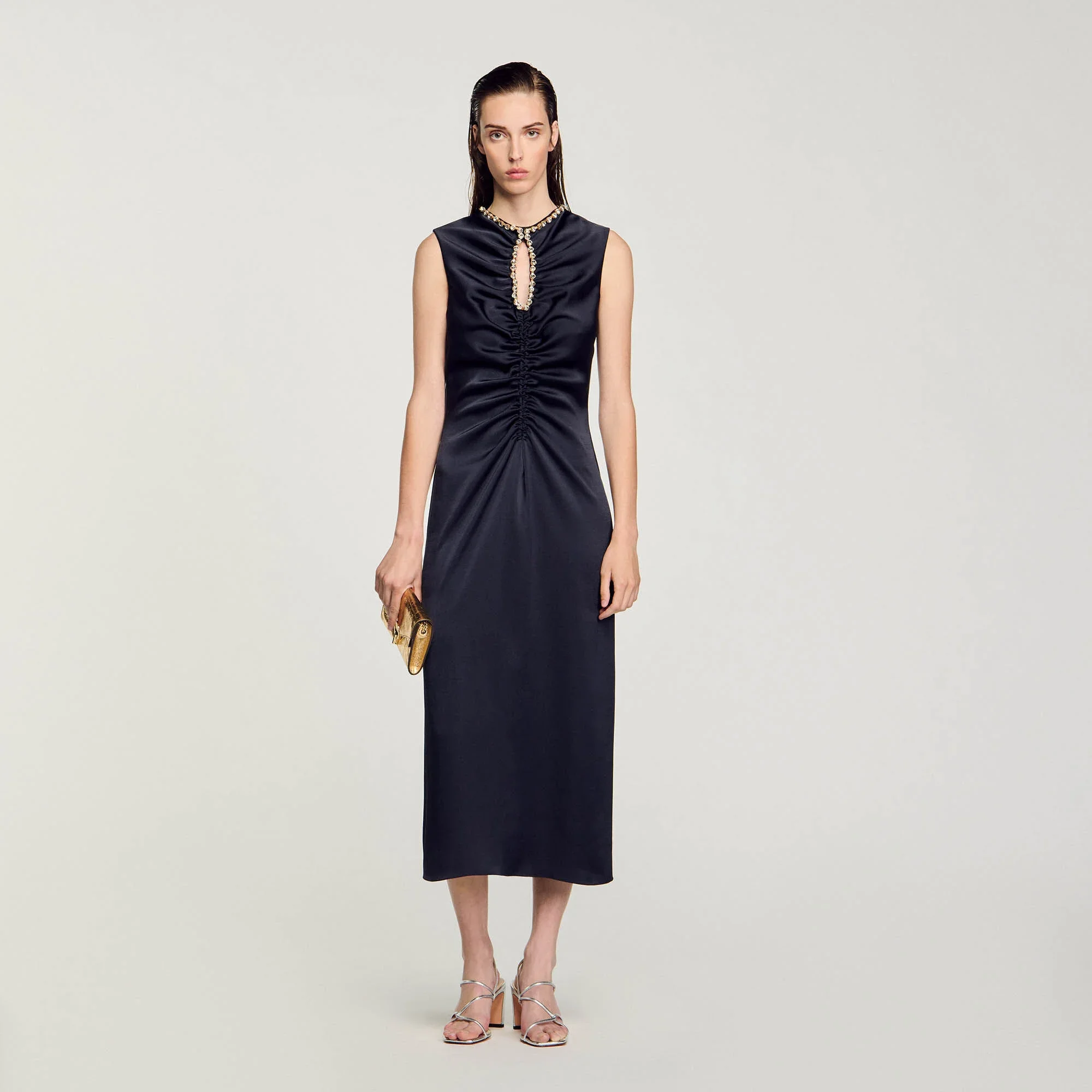 Bettergirl New Custom Quality Clothes French Black Sleeveless Sandro Dress Casual Satin-effect Rhinestone Midi Dress