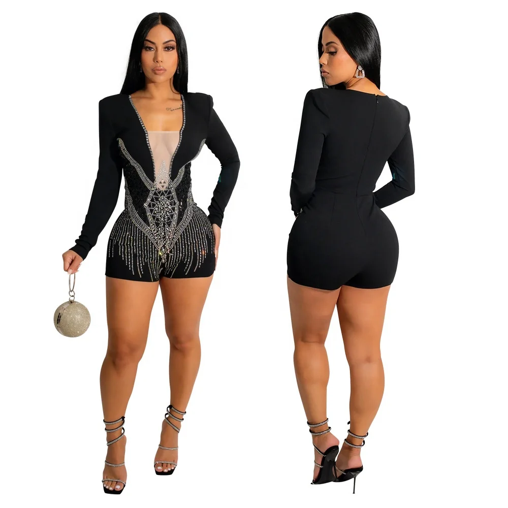 Luxury Women Crystal Rhinestone High Waist Shorts Jumpsuit Summer Black Long Sleeve Bodycon Party Rompers Jumpsuit Overalls
