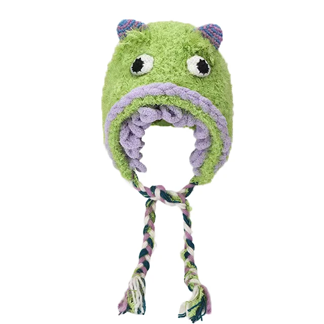 2024 Spot wholesale new cartoon cute plush ear protection little monster knitted hat personality fashion handmade wool hat