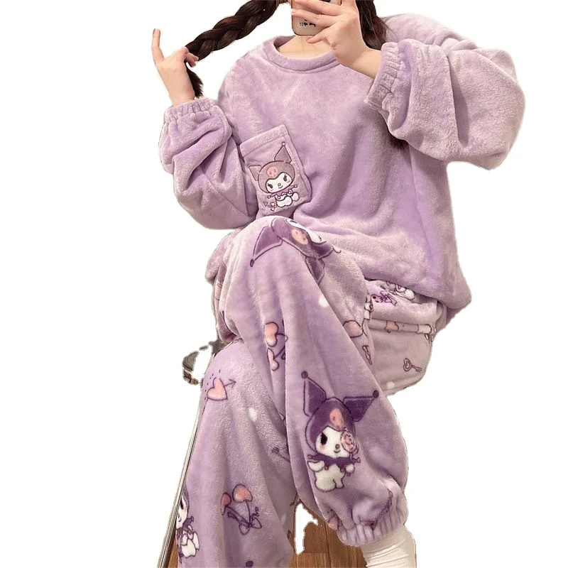 W-716 Sleeping Clothes set Long Sleeve O-neck soft cotton Women Pajamas Set Cartoon Women Girl Coral Velvet Warm Pajamas