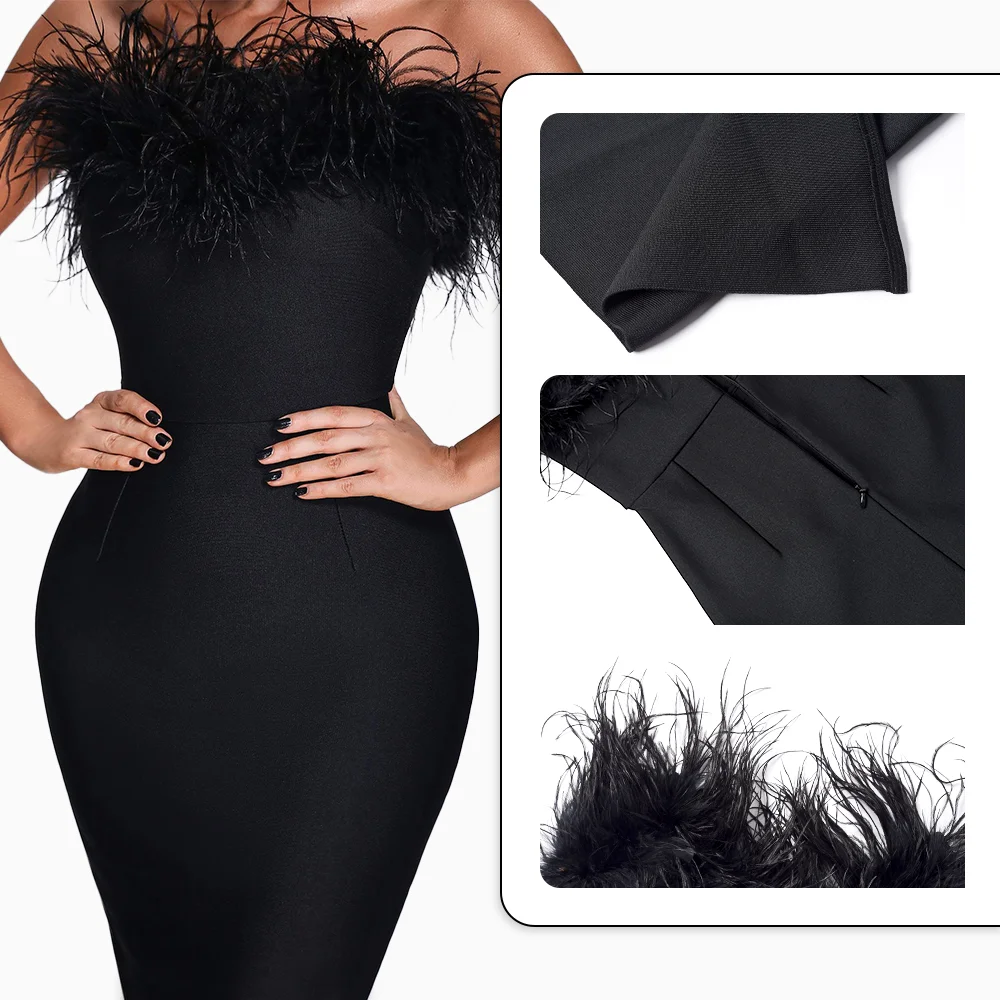 BEISHI Women Off Shoulder Bandage Bodycon Special Occassion Feathered Black Evening Formal Maxi Dress With Feathers