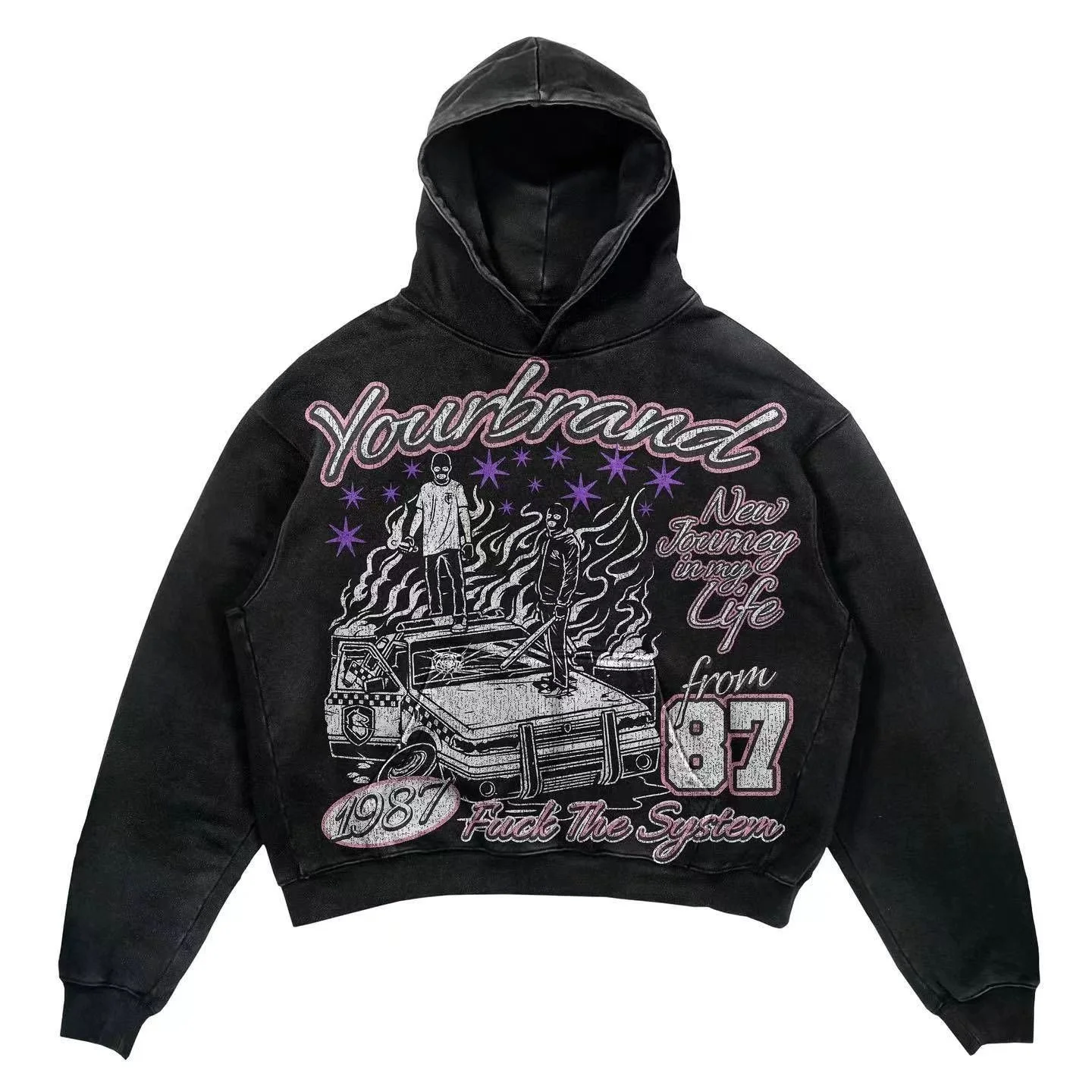 480gsm Custom graphic pattern vintage acid wash tight leg sweat pants and hoodie 2 piece set tracksuit sweat track suit men