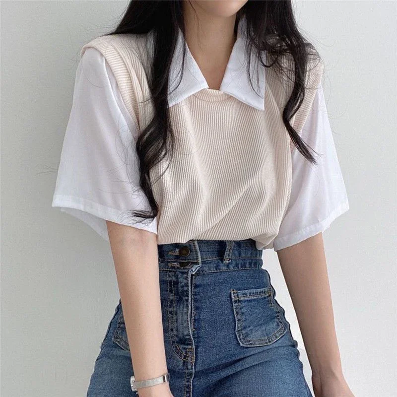 Summer Patchwork Two Piece T Shirt Women Fashion Chic Turn Down Collar Top Korean Casual Preppy Style Short Sleeve Blouse