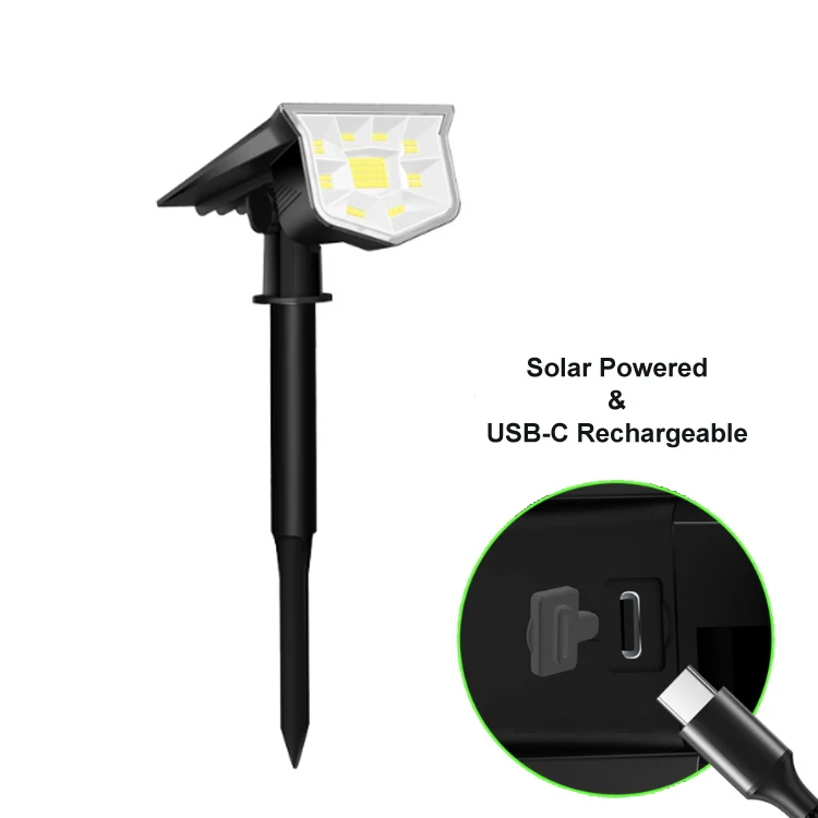 Dual Power Sources Type-C Rechargeable RGB Multi-color Wireless Solar Garden Lights LED USB Solar Pathway Lawn Lights Outdoor