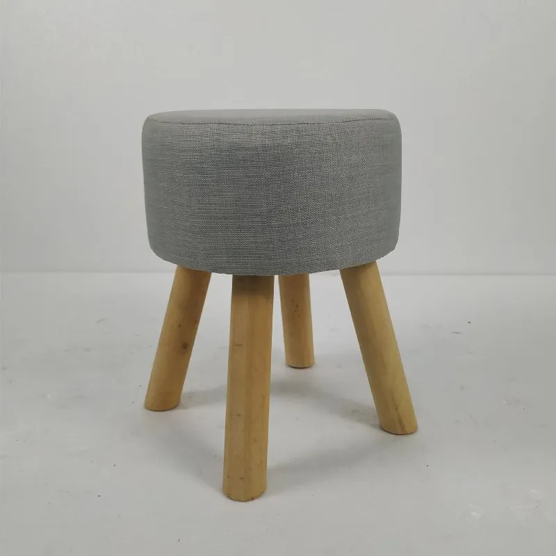 4 legged wooden round shape footstool with linen fabric cover