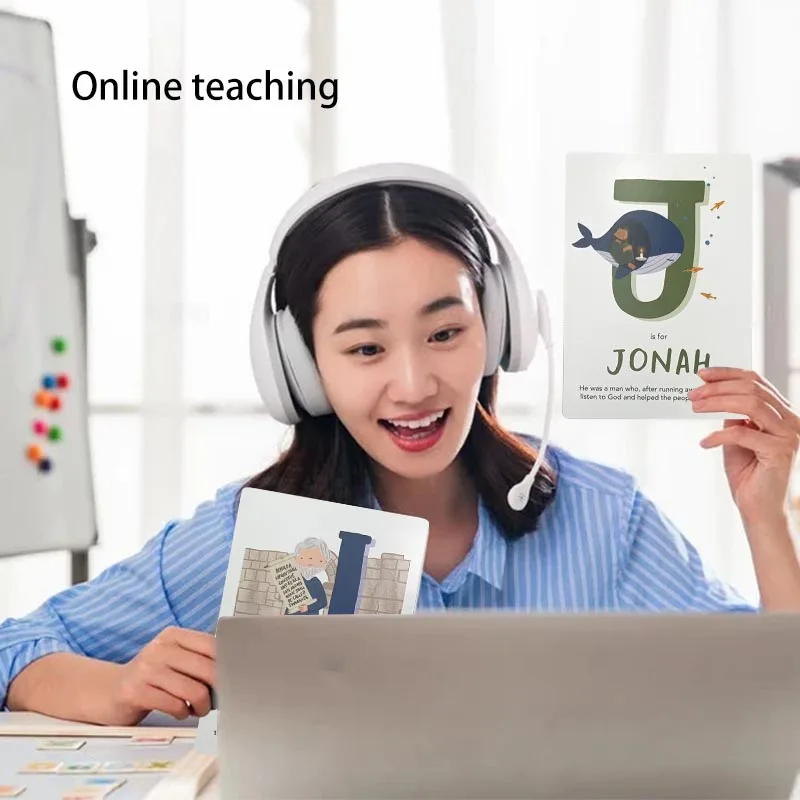 Custom Printing Eco Friendly Paper Kids Learning Game A To Z Adventures Bible Characters Alphabet Flash Cards With Wooden Block