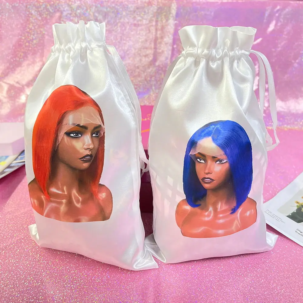 Custom branded human hair extension storage pouch wig, packaging satin bags black drawstring, bundle hair bags for bundles