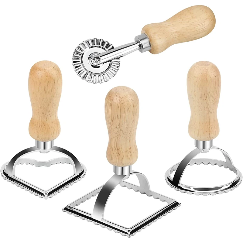 Ravioli Stamp Maker Cutter with Roller Wheel Wooden Handle and Fluted Edge for Pasta Dumplings Lasagna Pierogi baking tool