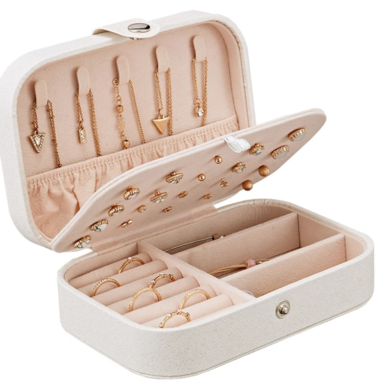 Elegant Style Textured Pu Leather High End Simple White Navy Blue Pink Button Jewelry Box Small Bag For Earring Ring