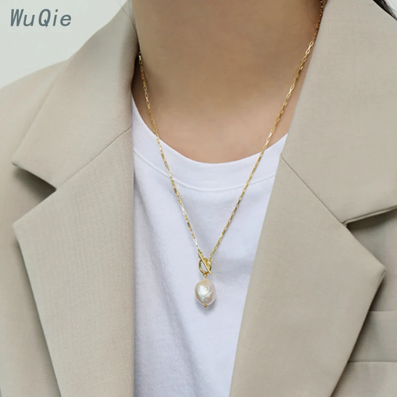Wuqie 925 Sterling Silver Gold Plated Clasp Pearl Necklace Baroque Natural Freshwater Pearl Choker for Women