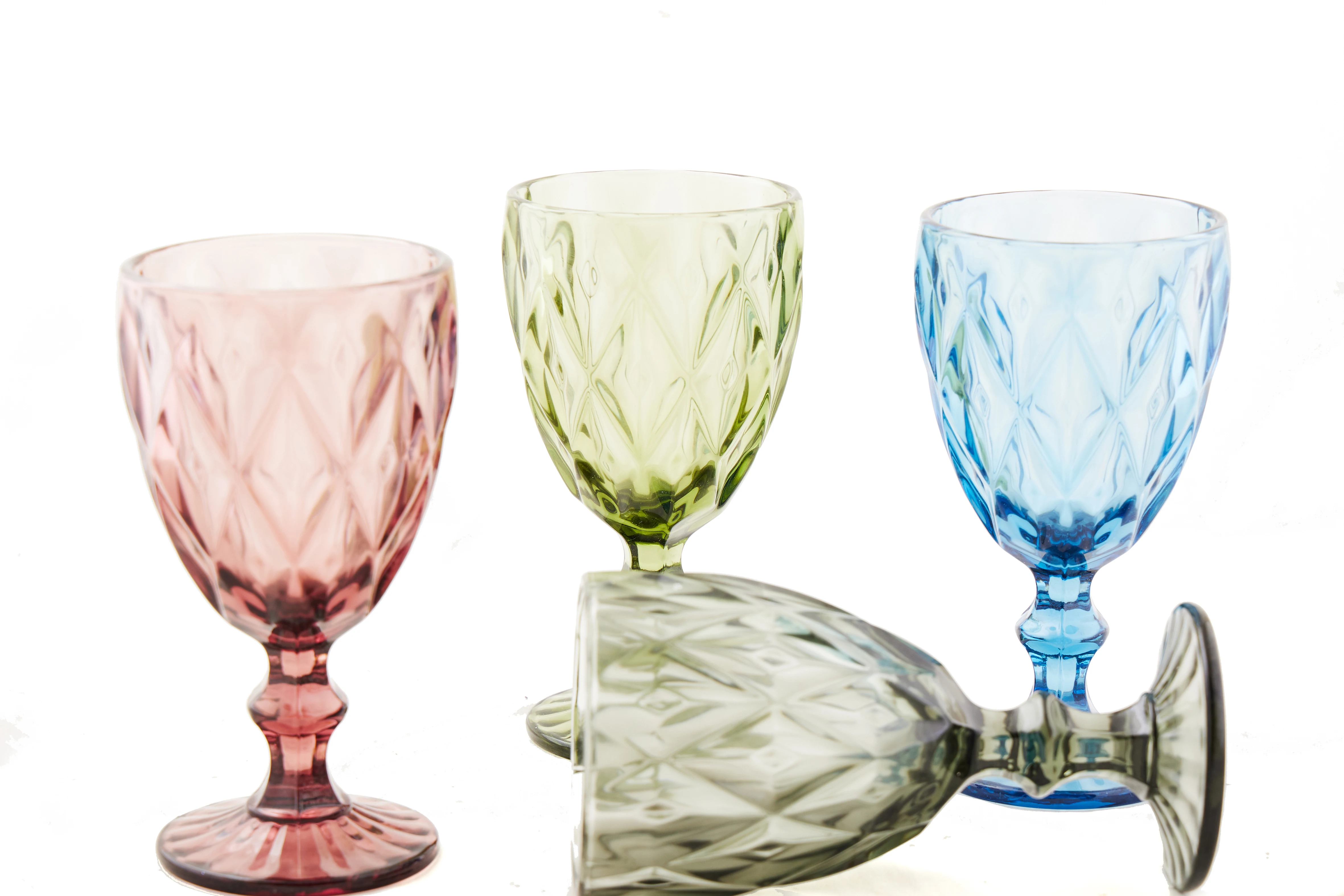 wholesale glassware colored goblet vintage  glass goblet in bulk vintage machine pressed clear engraved
