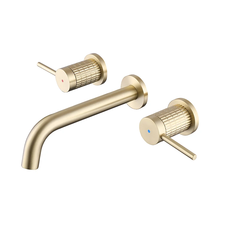 Luxury Bathroom Sink Faucet 3 Holes Brass Brushed Gold Vanity Faucet Knurled Wall Mounted Basin Mixer Faucet