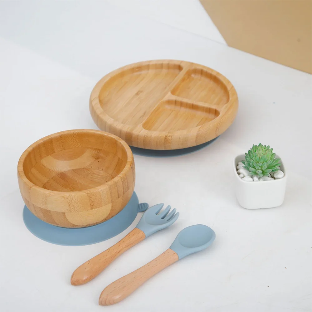Silicone Suction Cup Fixed And Anti-slip Recycled Bamboo Plates Sets For Feeding Bowl Wooden Kids Kids Dining