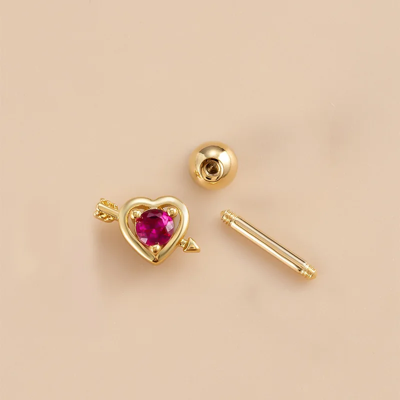 Fashion pink zircon love butterfly key flower ear bone nail double-head thread thick rod cartilage puncture ear studs 1piece