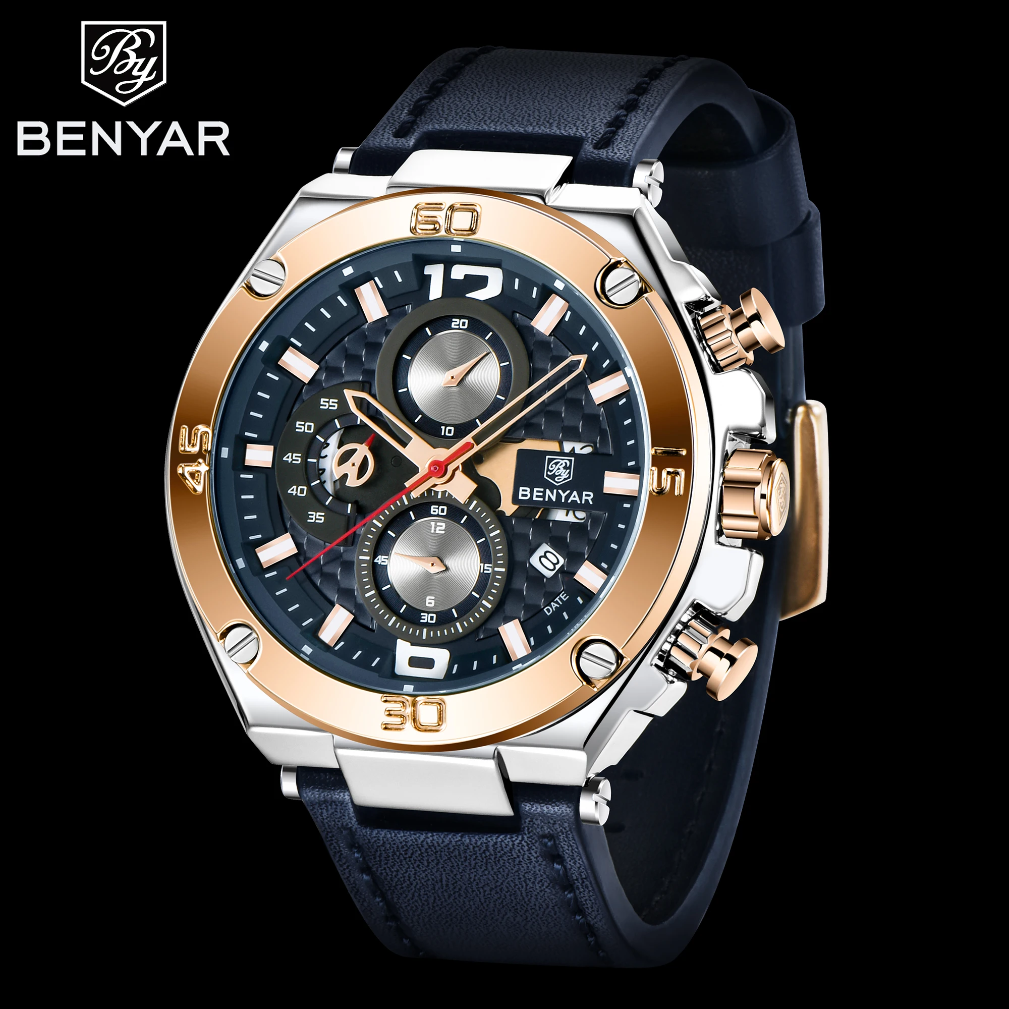 Роскошные брендовые модные наручные часы Benyar с хронографом и ремешком из натуральной кожи