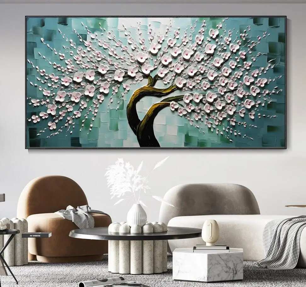100% Hand Painted Tree Plant Canvas Art White Flower Tree Wall Decor Painting Fashion Wall Decor Art Living Room
