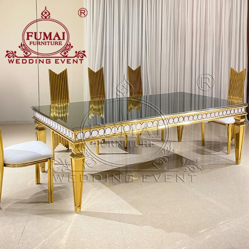 Buy American Style Glass Top Stainless Steel Frame Modern Event Banquet Wedding l Shaped Dining Table Set