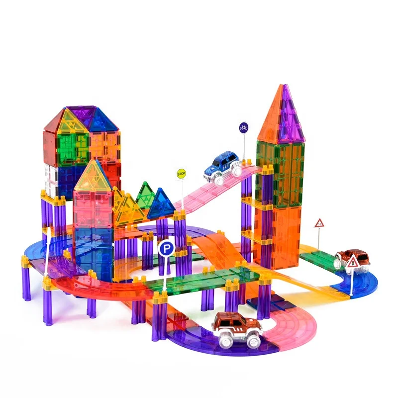 121pcs Race Car Track Building Block Set Magnetic Tiles Magnet Light Up Car STEM Learning Construction Kit