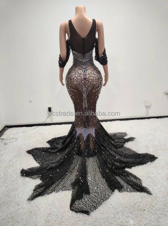 Ocstrade Manufacturers For Customs Clothes Black Rhinestone Sequin Luxury Sleeveless Hollow Out Dress Long Gowns Evening Dresses