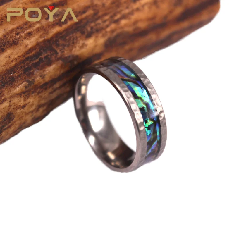 POYA Jewelry Obalone Shell Ring in Tungsten Hammered Finish 8mm Comfort Fit Wedding Band